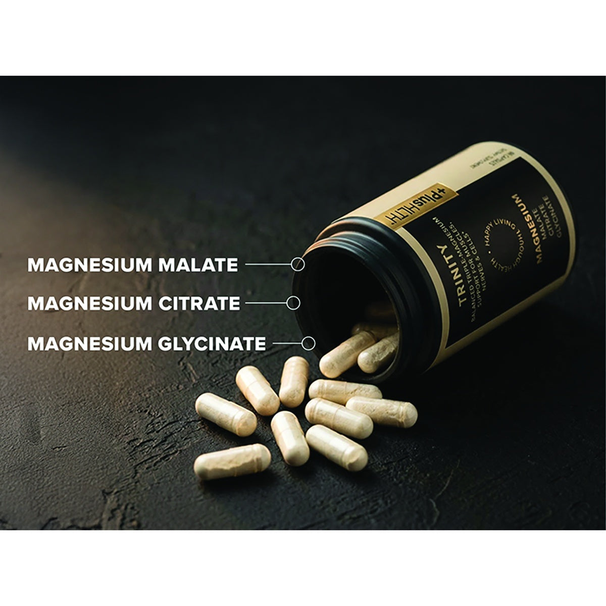 CV059 | Magnesium capsule bottle with spilled capsules and labels for magnesium malate, citrate, and glycinate