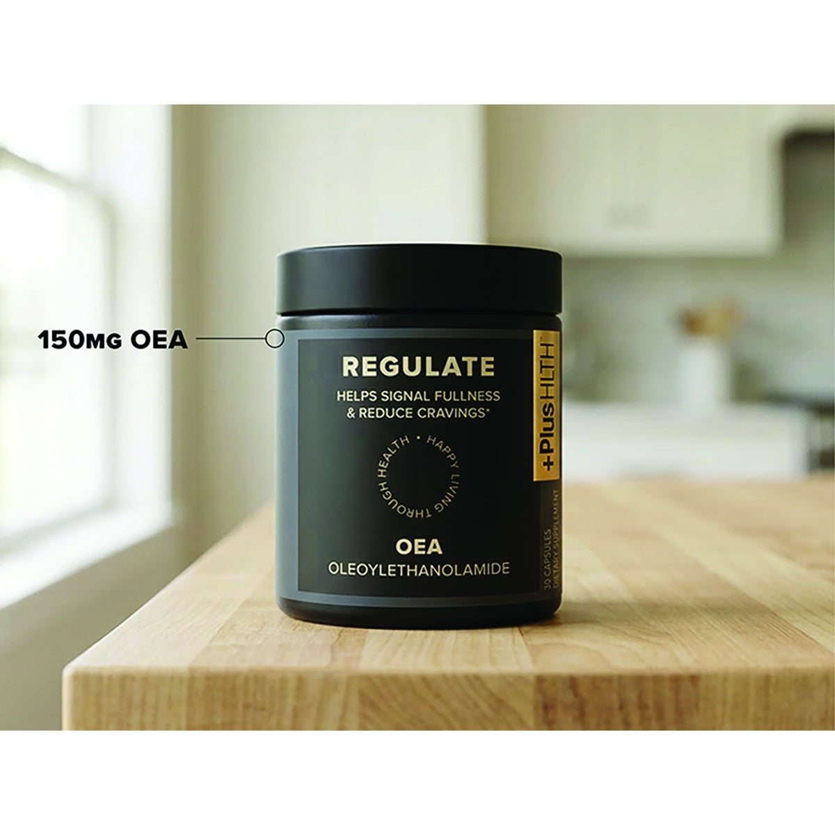 CV060 | Regulate OEA supplement jar on a wooden table with 150 mg OEA callout