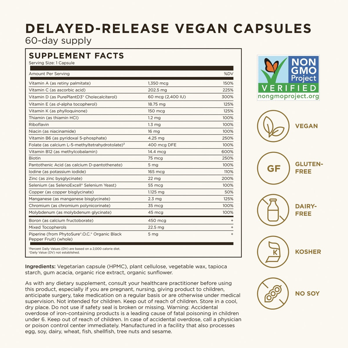SLG382 | Supplement facts panel for delayed-release vegan capsules, 60-day supply, with certifications