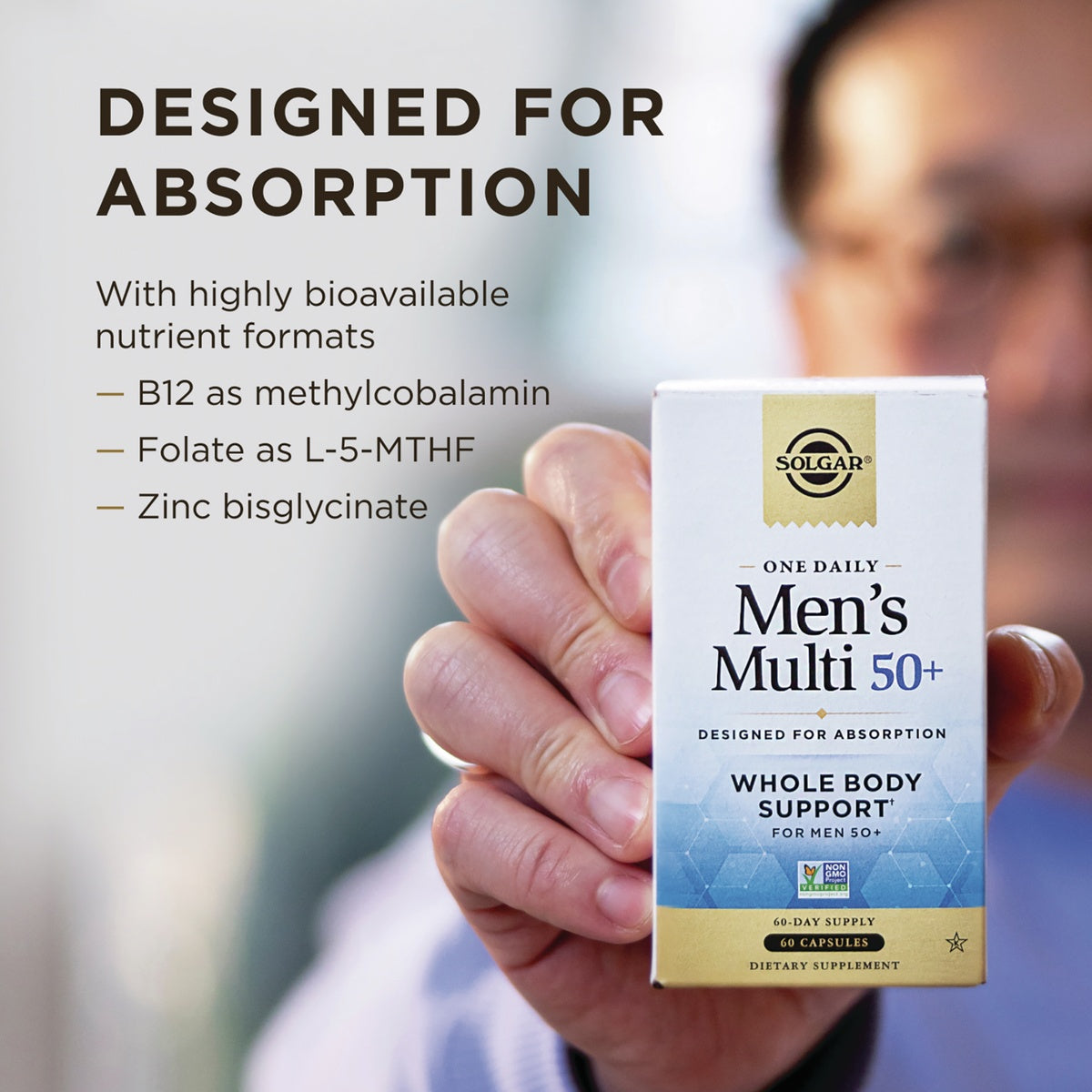 SLG382 | Solgar Men's Multi 50+ box with designed for absorption callout and bioavailable nutrient formats