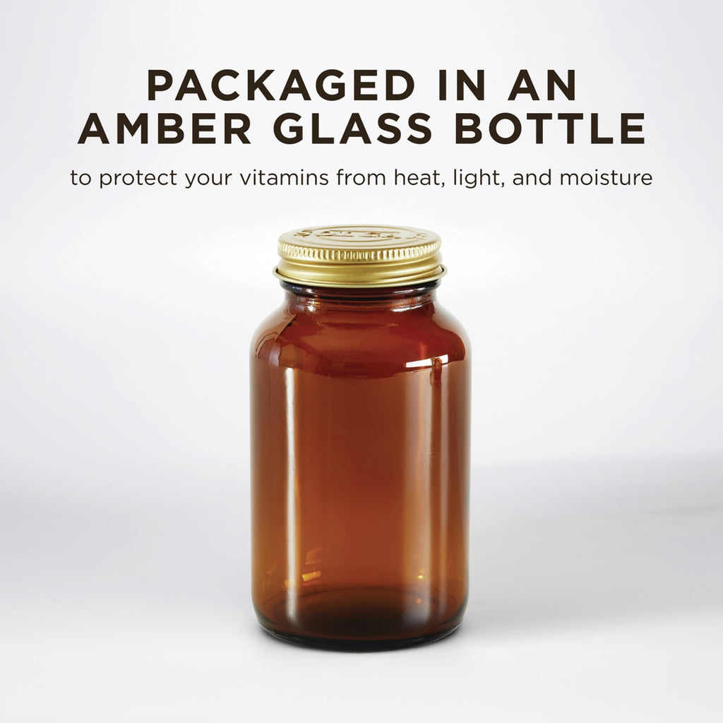 SLG382 | Amber glass bottle with gold lid, shown with text about protecting vitamins from heat, light, and moisture - Thumbnail