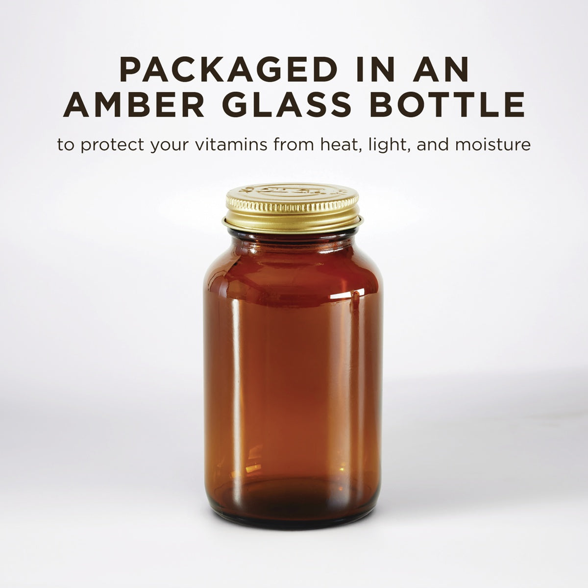 SLG382 | Amber glass bottle with gold lid, shown with text about protecting vitamins from heat, light, and moisture
