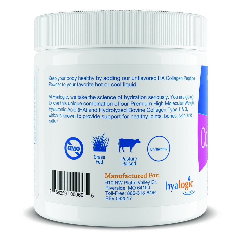 HYL017 | Hyalogic HA Collagen Peptide Powder jar with grass fed, pasture raised, and unflavored icons - Thumbnail