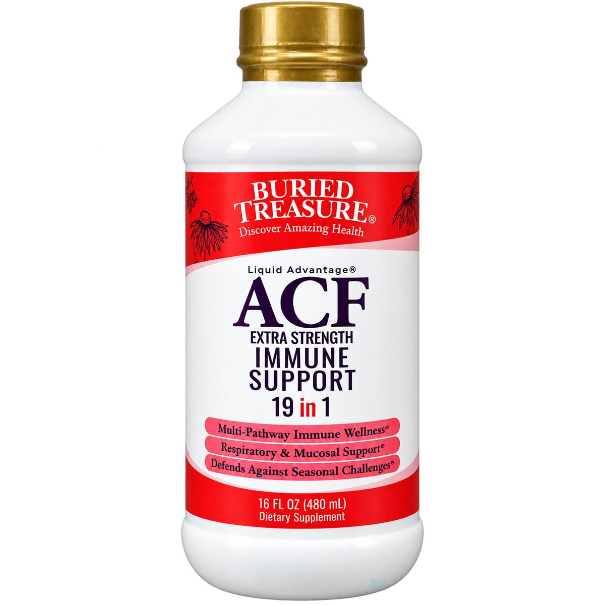 BTR043 | Buried Treasure ACF extra strength immune support liquid bottle 16.54 fl oz labeled vegan safe 0g sugar gluten free