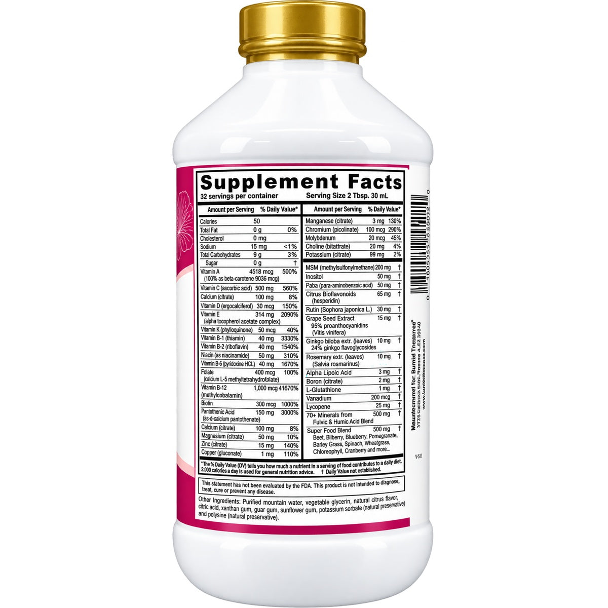 BTR004 | Back of white supplement bottle showing Supplement Facts nutrition panel and ingredients text