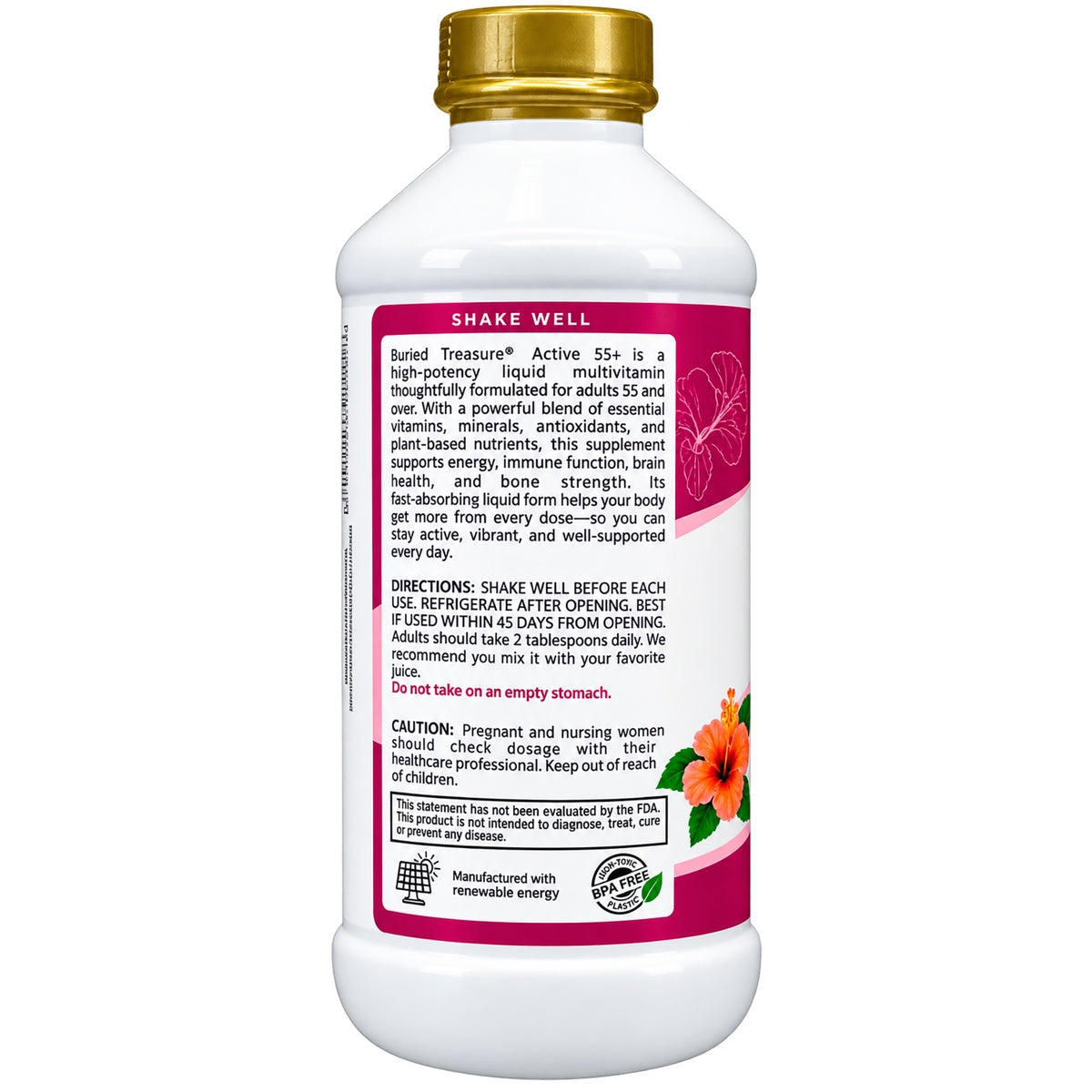 BTR004 | Back of white supplement bottle showing nutrition facts panel, barcode, and directions