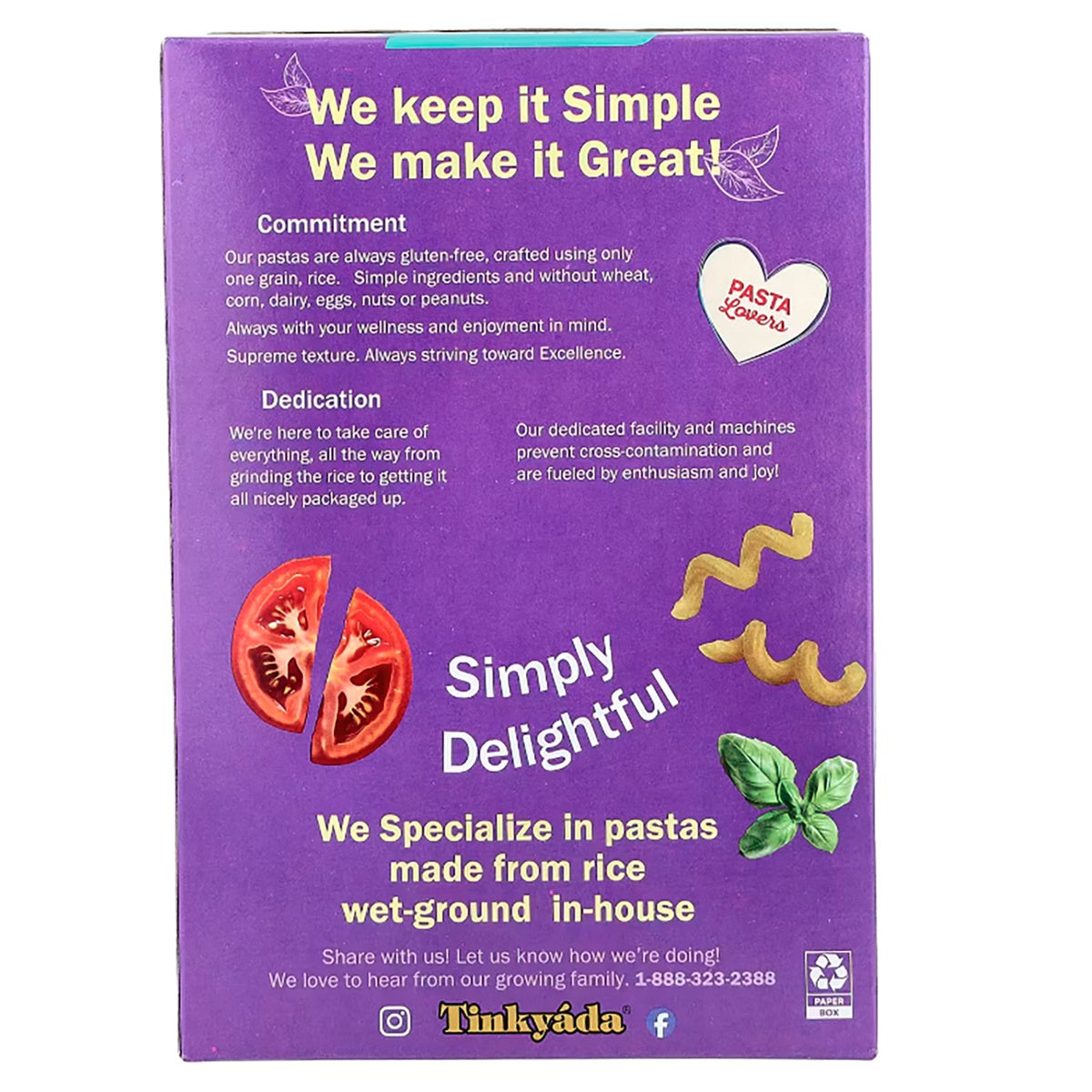 TKY007 | Back of Tinkyada rice pasta box with brand commitment and product messaging