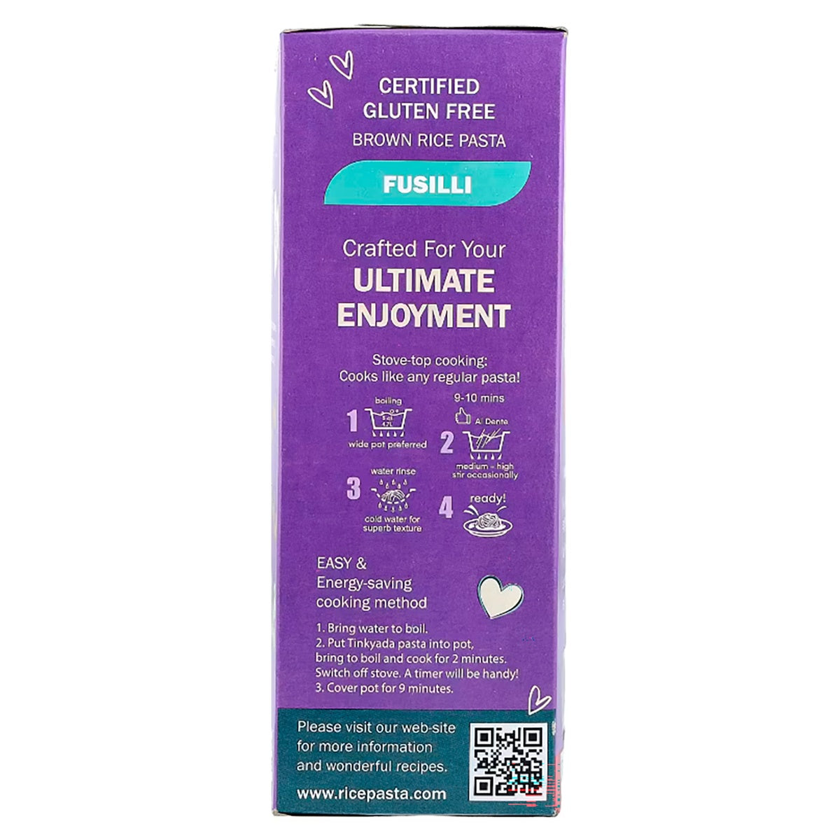 TKY007 | Back of brown rice fusilli pasta box with certified gluten free cooking instructions and QR code