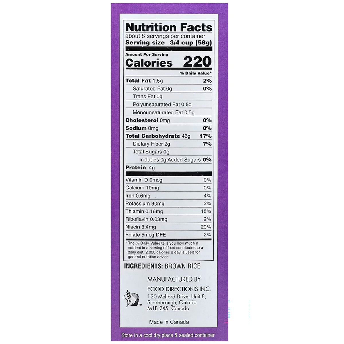 TKY007 | Nutrition facts and ingredients for Tinkyada brown rice pasta with cooking instructions on package back