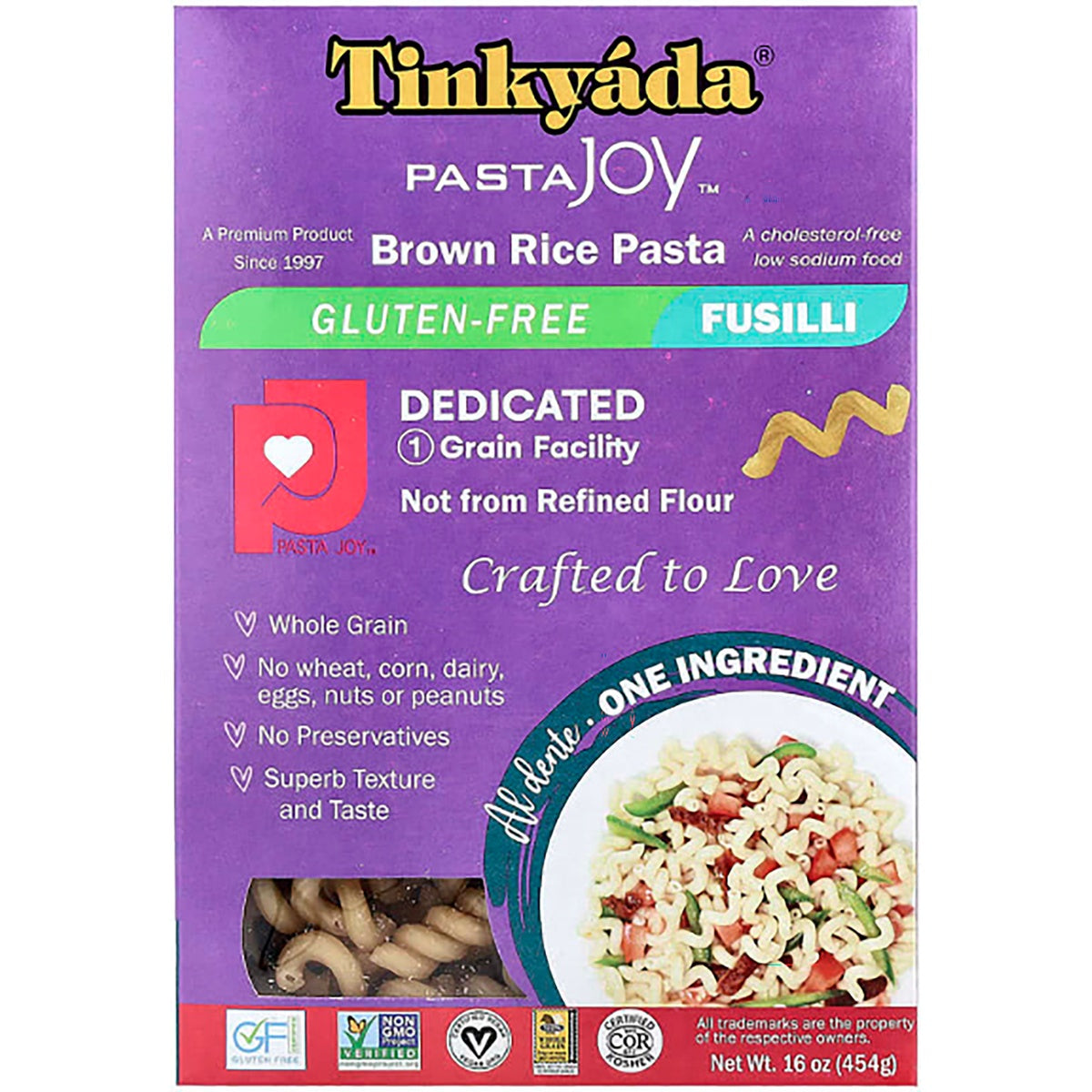 TKY007 | Tinkyada Pasta Joy Brown Rice Pasta Fusilli, gluten-free, front of package 16 oz