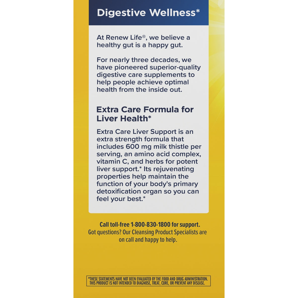 RNL256 | Back label reading Digestive Wellness and Extra Care Formula for Liver Health with product benefits and toll-free number