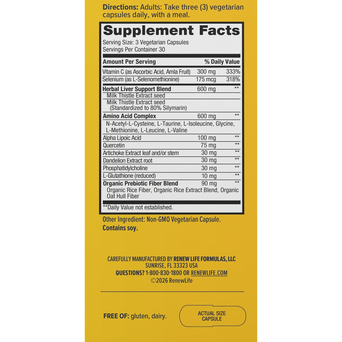 RNL256 | back label showing Supplement Facts panel with ingredients, directions, and actual size capsule graphic