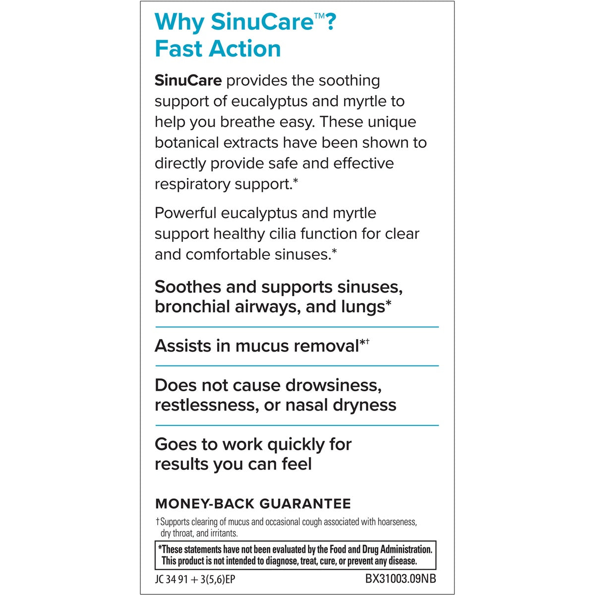 EUR022 | Brand infographic about SinuCare fast action, supporting sinuses, bronchial airways, and mucus removal
