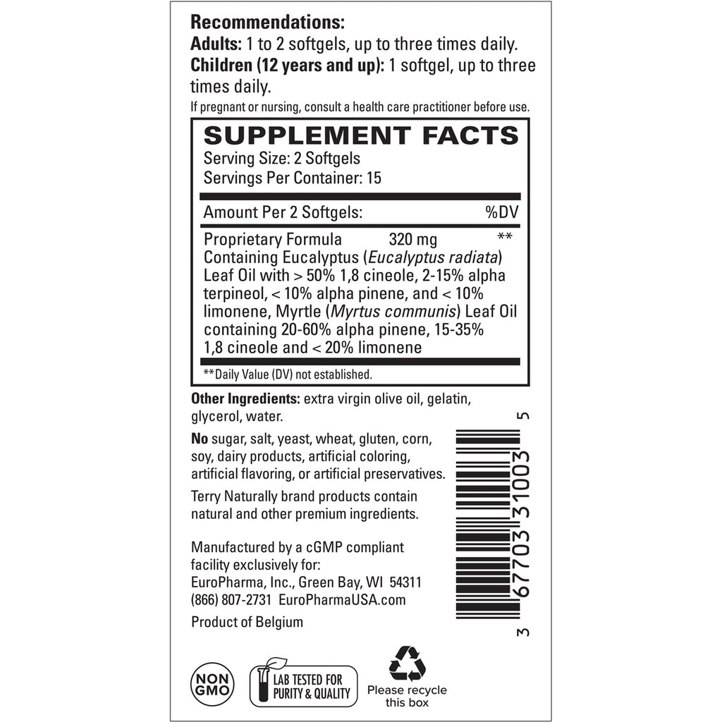 EUR022 | Supplement Facts and directions panel for eucalyptus and myrtle oil softgels, with non-GMO and lab tested icons - Thumbnail