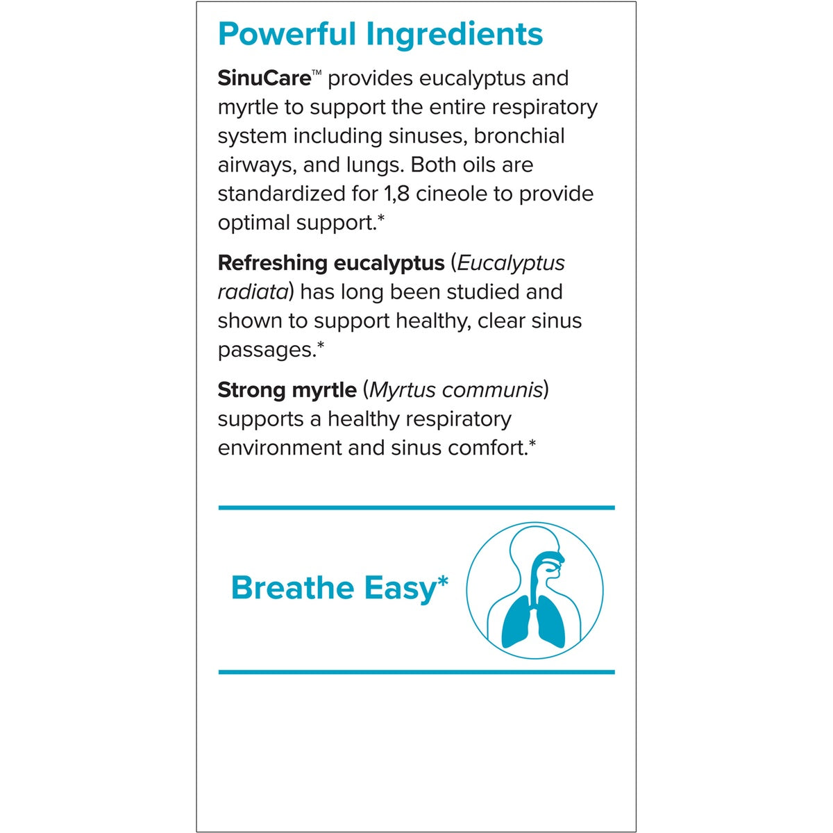 EUR022 | Powerful Ingredients infographic for SinuCare with eucalyptus, myrtle, and Breathe Easy respiratory support graphic
