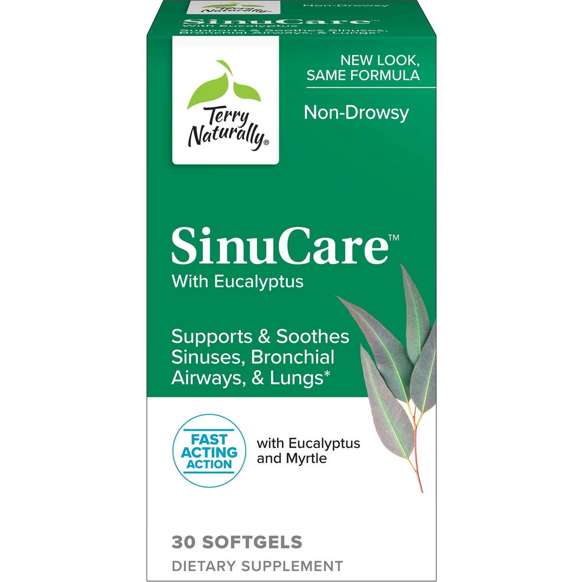 EUR022 | SinuCare with Eucalyptus dietary supplement box, Terry Naturally branding, 30 softgels, non-drowsy sinus support