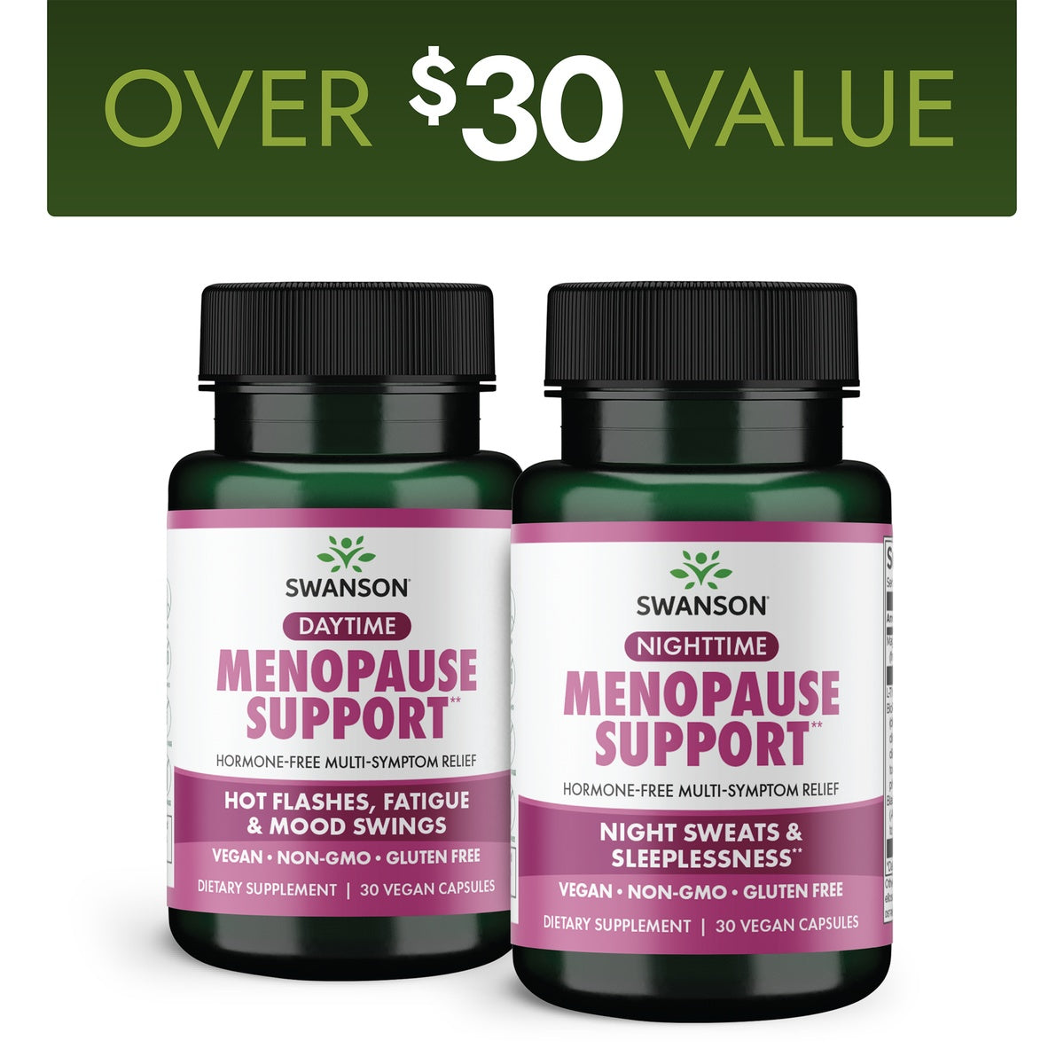 SW1991 | Two green Swanson Menopause Support bottles labeled Daytime and Nighttime with value banner above