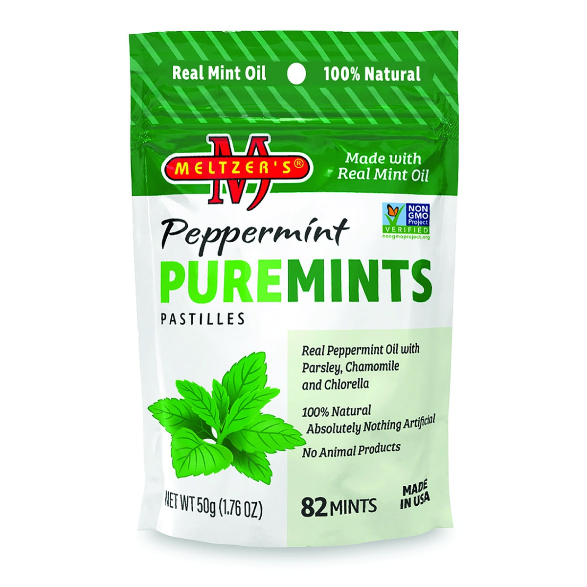 MLZ004 | Meltzer's Peppermint Puremints package with mint leaves and label reading Real Mint Oil 100% Natural