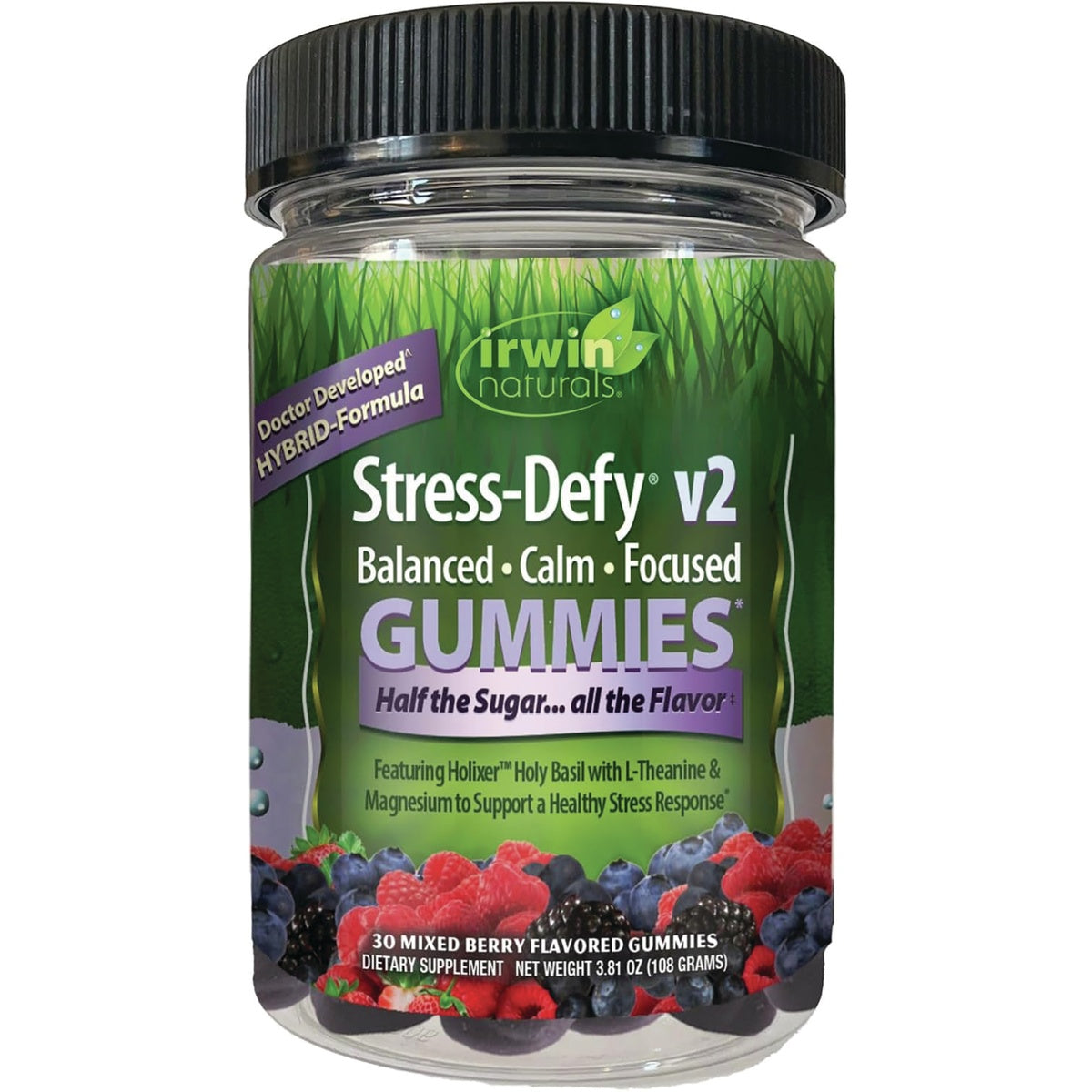 IR306 | Irwin Naturals Stress-Defy mixed berry gummies jar with green label