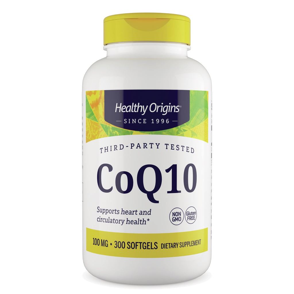 HRG180 | Healthy Origins Natural CoQ10 100 mg 300 softgels bottle with yellow cap labeled Supports a Healthy Heart - Thumbnail