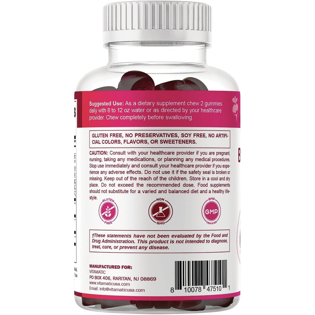 VAM011 | Back of gummy supplement bottle with suggested use, gluten free, non-GMO, GMP icons, and barcode - Thumbnail