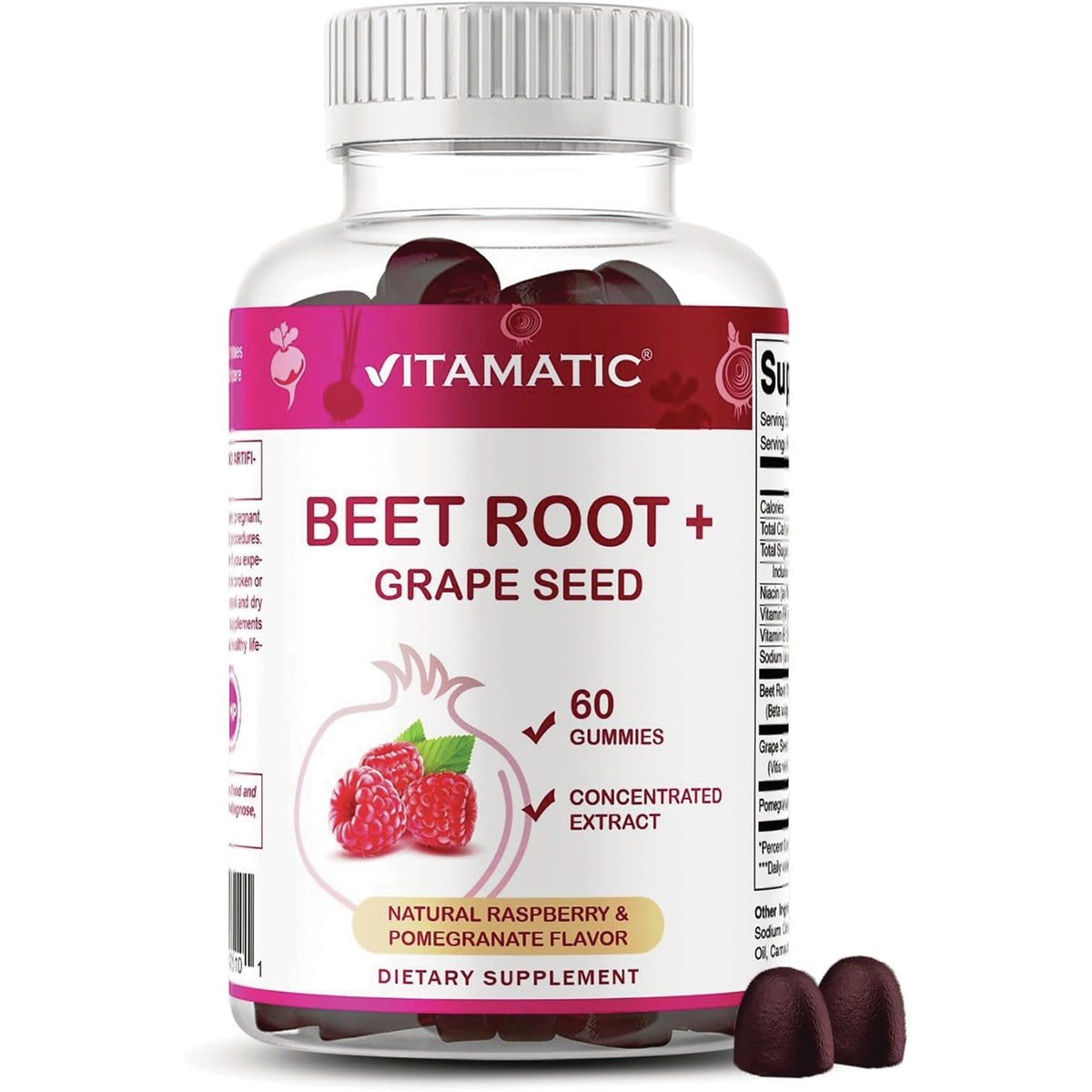 VAM011 | Vitamatic Beet Root + Grape Seed gummies bottle, 60 gummies, 3000 mg equivalent per serving