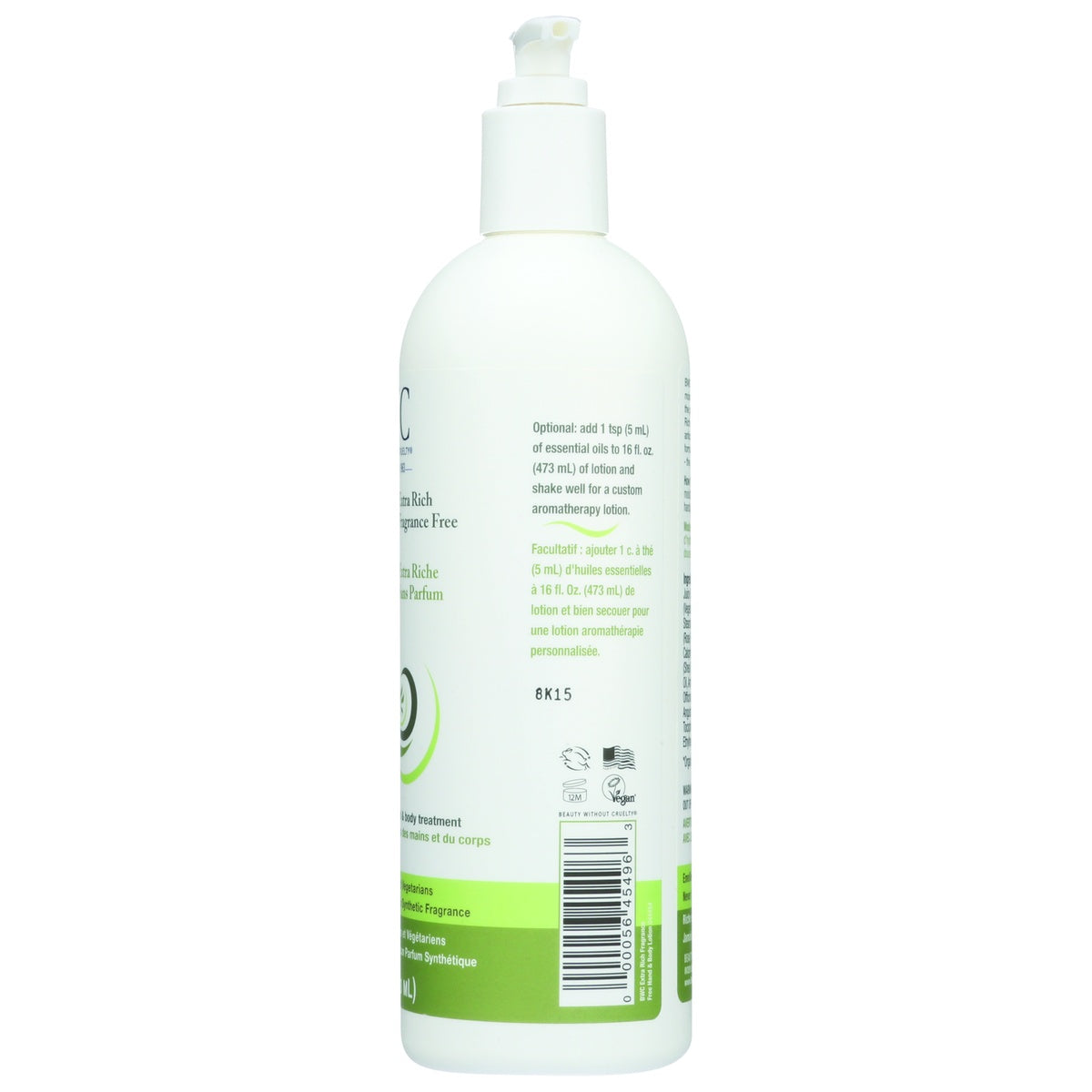 BWC112 | Back of white pump lotion bottle showing barcode, ingredient text, usage instructions and certification icons