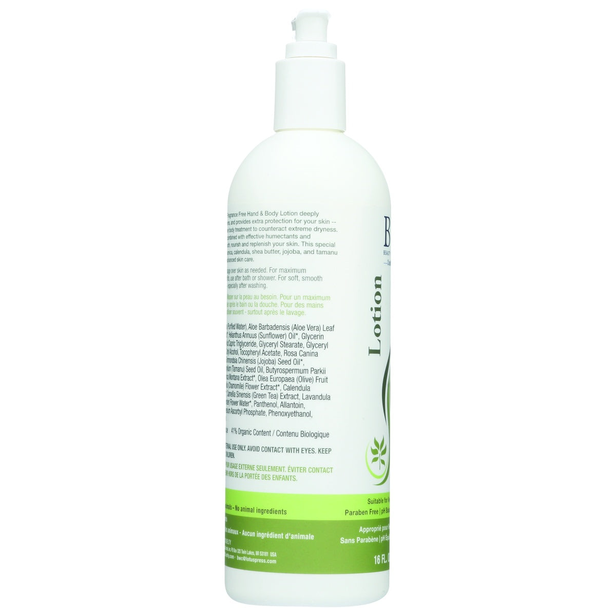 BWC112 | Back label showing ingredients, directions, and warnings on white pump lotion bottle