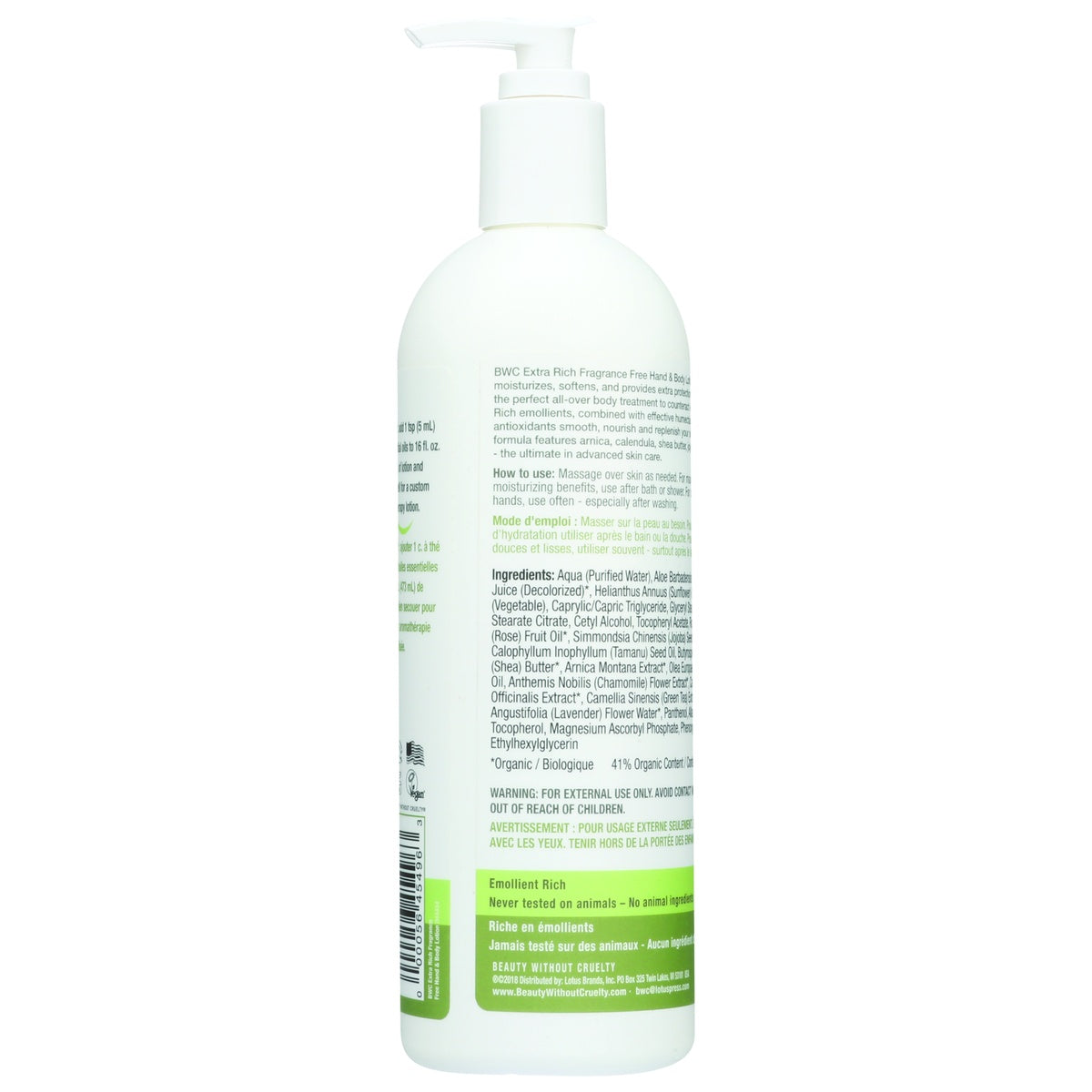 BWC112 | Back label showing ingredients, directions, and warnings on white pump lotion bottle