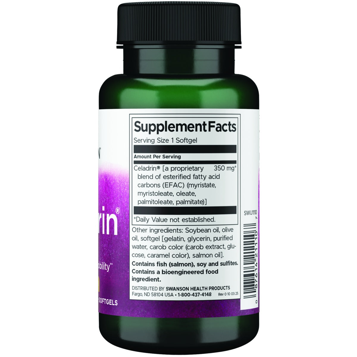 SWU1110 | back of green supplement bottle showing Supplement Facts panel, ingredients, warnings, and barcode