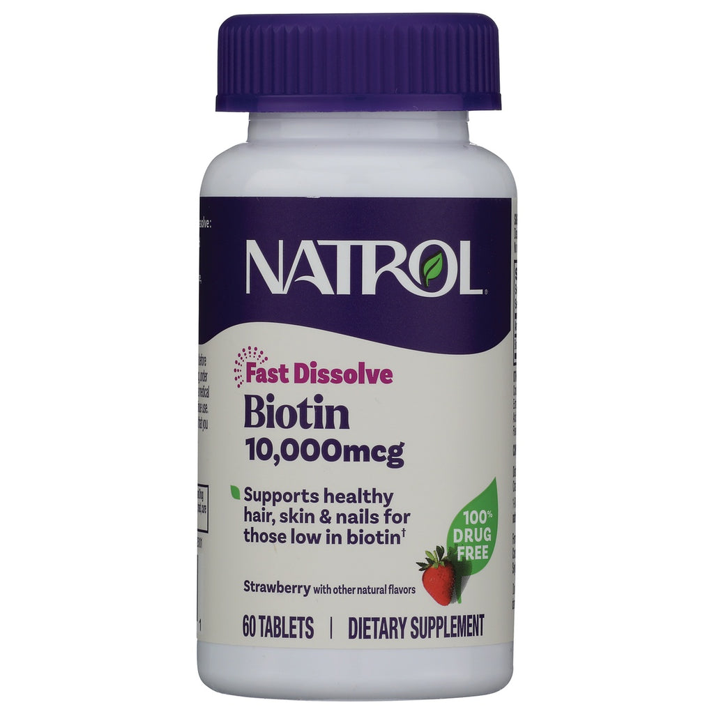 NA555 | Natrol Biotin 10,000 mcg fast dissolve tablets, strawberry flavor, 60-count white bottle - Thumbnail