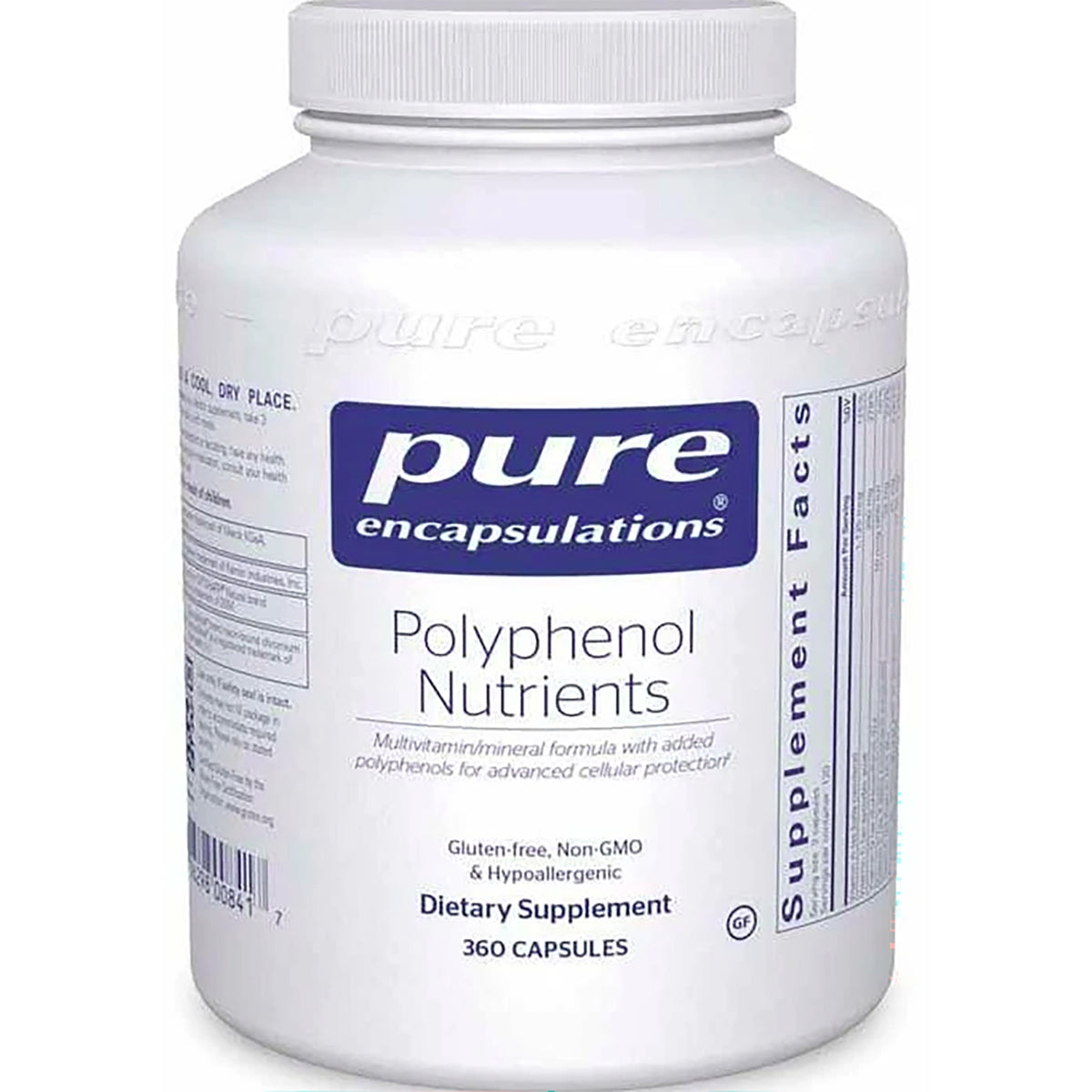 PRN137 | Pure Encapsulations Polyphenol Nutrients white supplement bottle front, 360 capsules