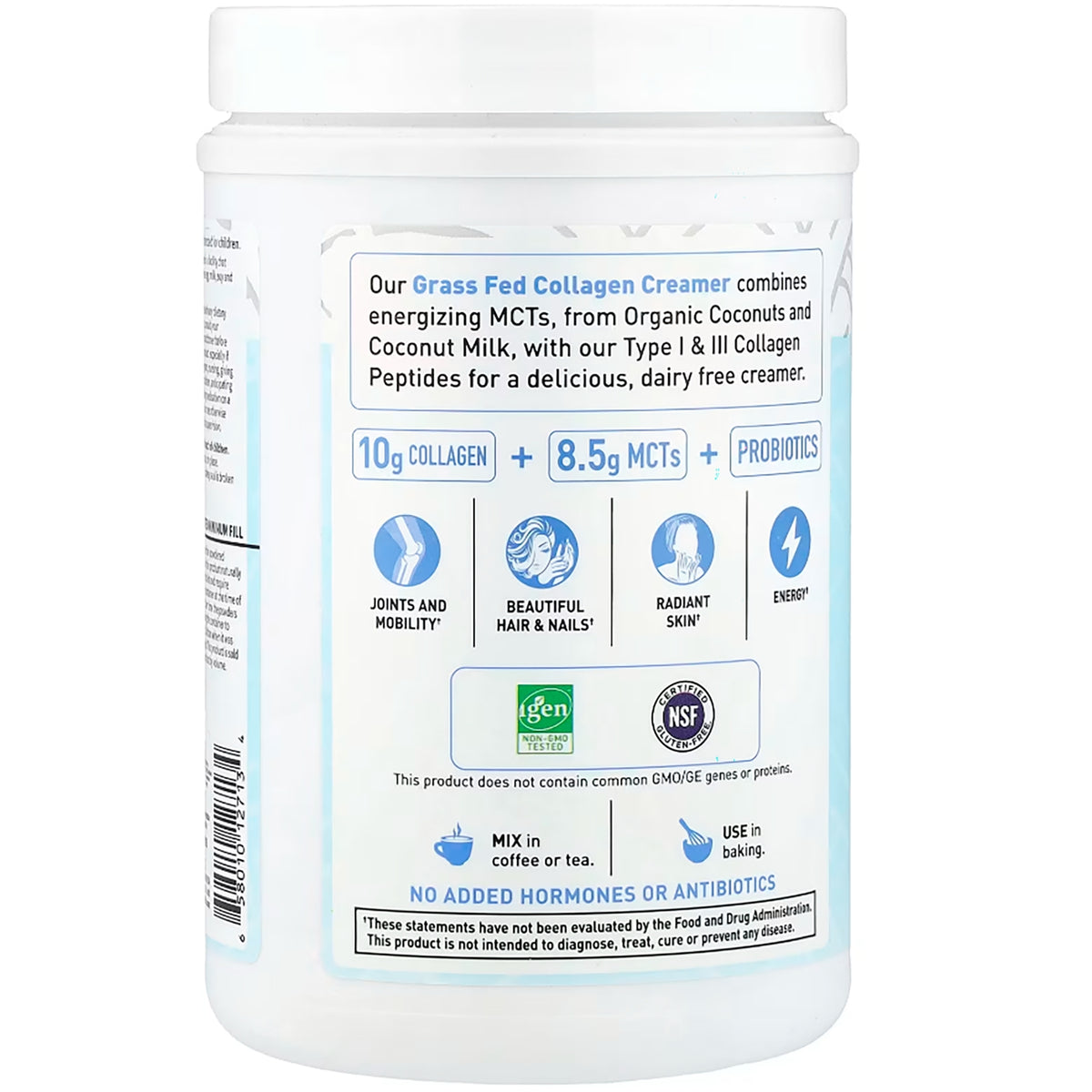 GLF307 | Back of white supplement tub showing supplement facts, estimated minimum fill, 10g collagen and icons for joints, hair, keto