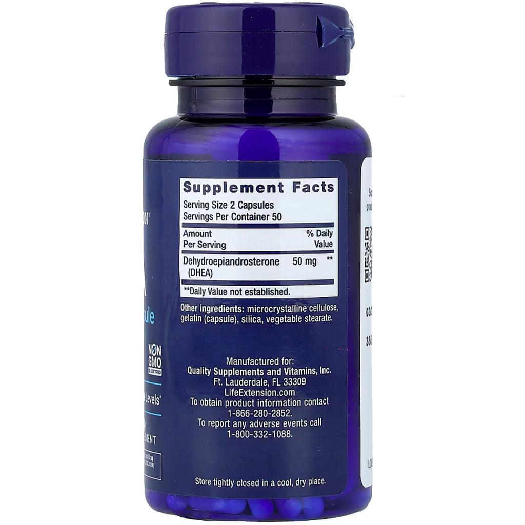 LE104 | back of blue supplement bottle showing Supplement Facts label with Serving Size 1 Capsule and DHEA 25 mg - Thumbnail