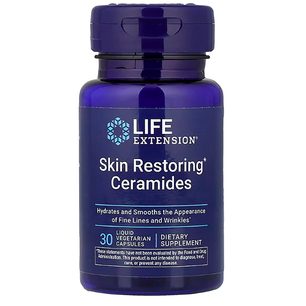 LE553 | Life Extension Skin Restoring Ceramides blue supplement bottle front label 30 liquid veg caps Non-GMO - Thumbnail