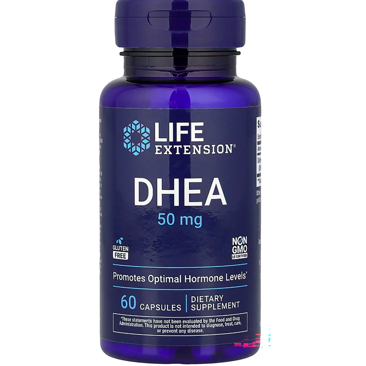 Life Extension DHEA 50 mg supplement bottle, 60 capsules, promotes optimal hormone levels