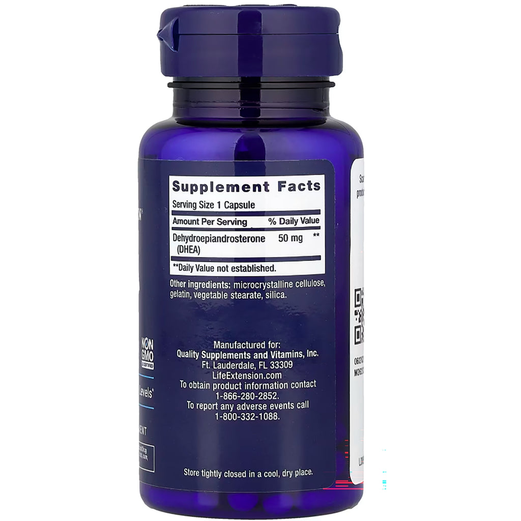 LE133 | Back label showing Supplement Facts for DHEA 50 mg, serving size 1 capsule, other ingredients and manufacturer contact - Thumbnail