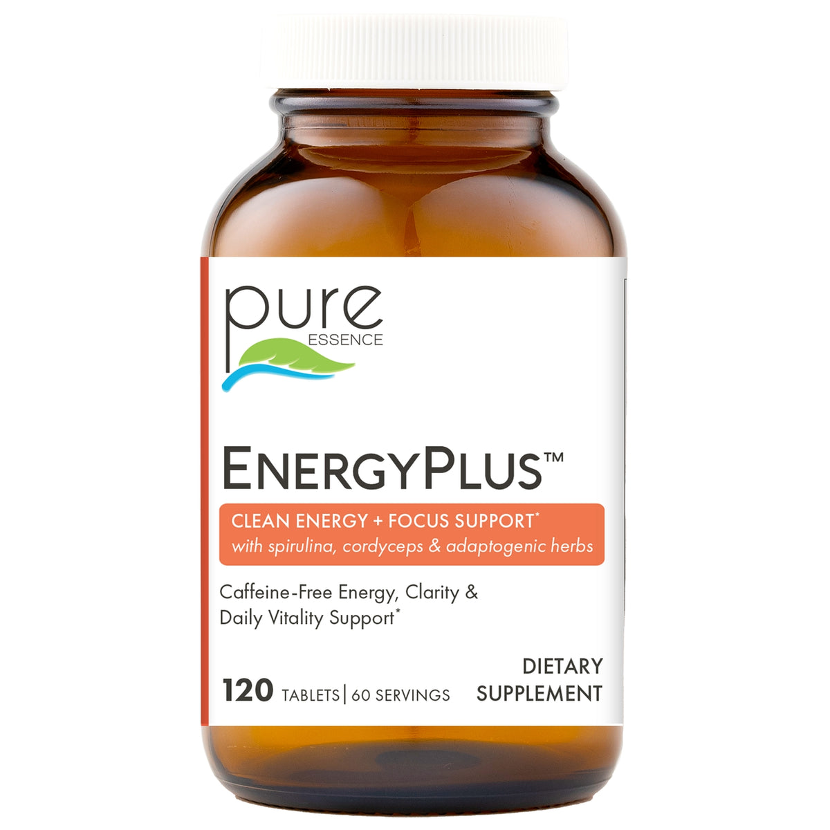 PEL034 | Brown glass bottle with white cap labeled EnergyPlus dietary supplement, front label reads CLEAN, CLEAR ENERGY BOOST 120 tablets