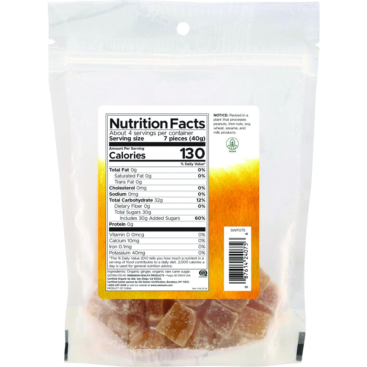 SWF075 | Back of pouch with Nutrition Facts; 7 pieces (40 g), 130 calories; ingredients: organic ginger, raw cane sugar