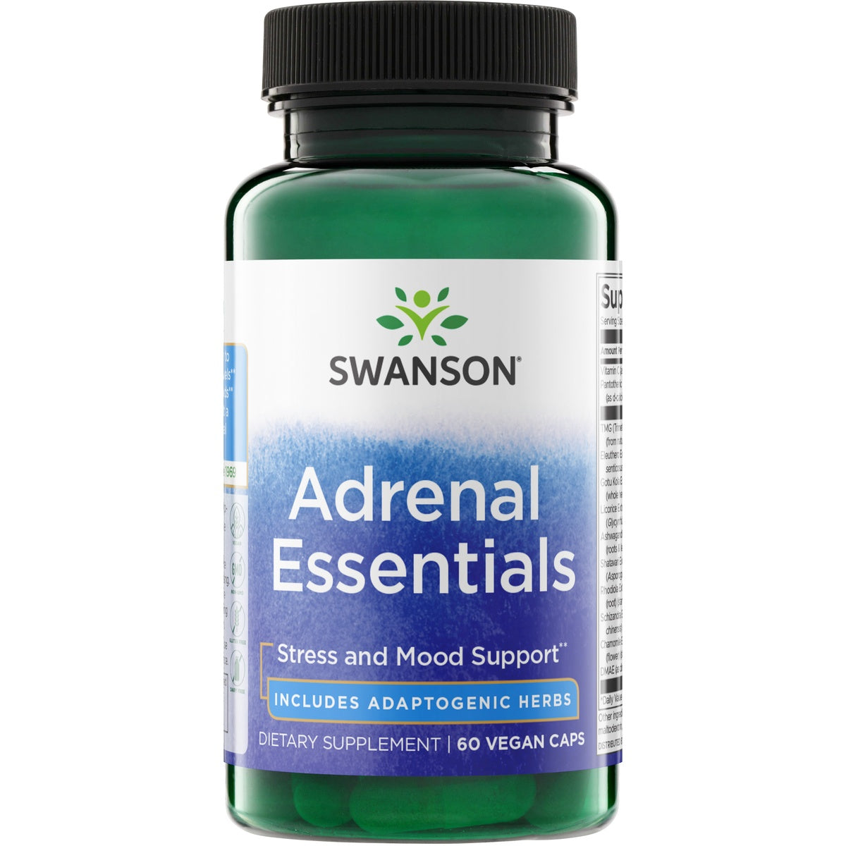 SWC086 | Swanson Adrenal Essentials supplement bottle, Stress and Mood Support, Includes Adaptogenic Herbs, 60 veggie caps