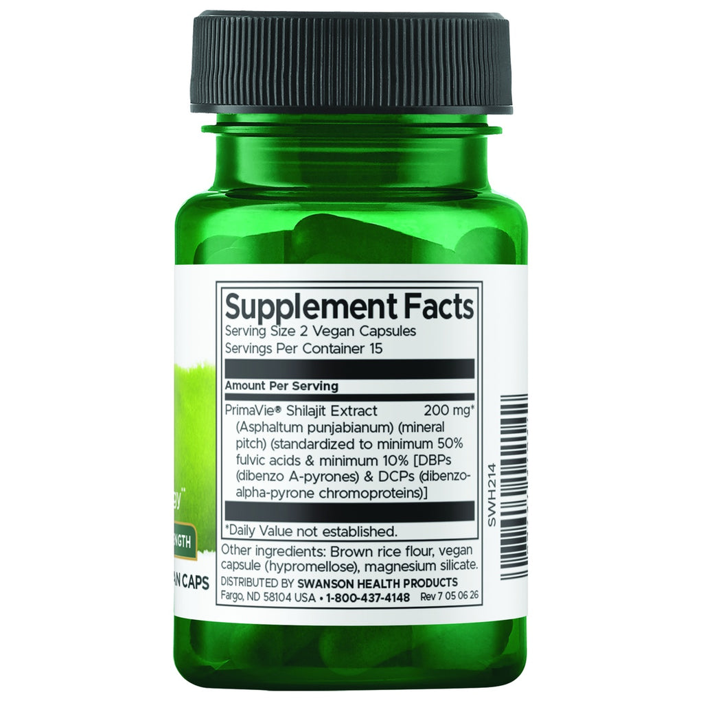 SWH214 | Back label with Supplement Facts; Serving Size 1 veggie capsule; Tru-Fulvic Shilajit Extract 100 mg - Thumbnail