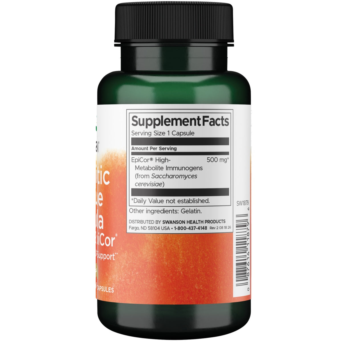 SW1879 | Back of supplement bottle showing Supplement Facts panel, 1 capsule serving, EpiCor 500 mg, gelatin