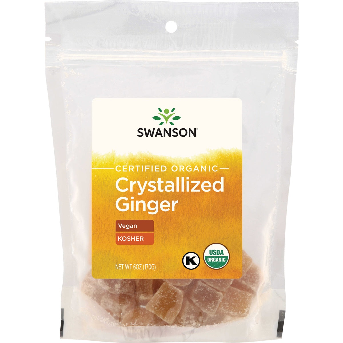 SWF075 | Swanson Certified Organic Crystallized Ginger, vegetarian and kosher, USDA Organic, 6 oz resealable bag