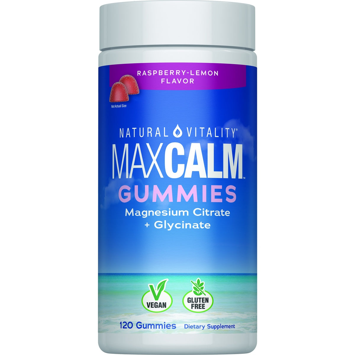 NVT041 | MaxCalm Gummies magnesium supplement, raspberry-lemon flavored bottle with 120 gummies