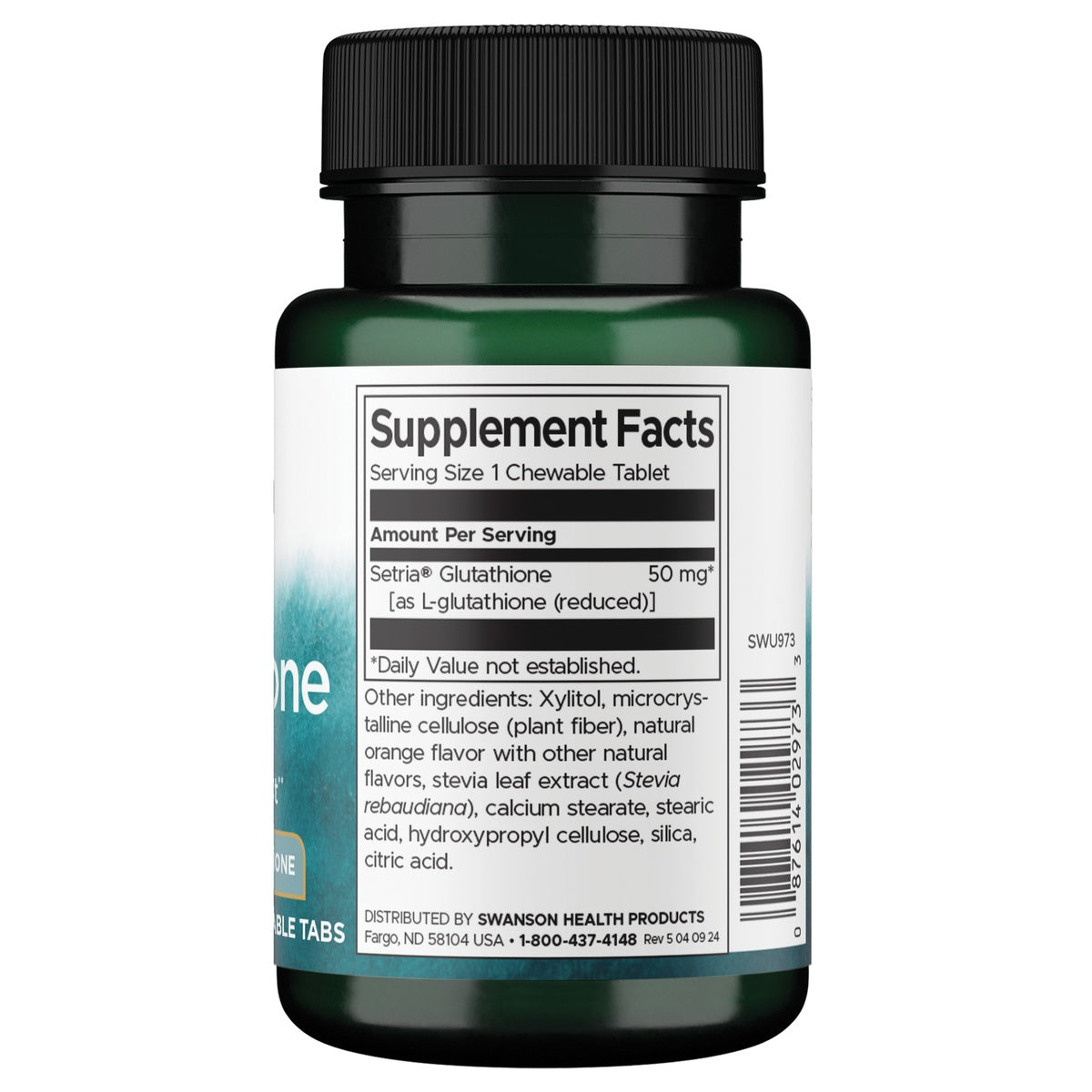 SWU973 | Back label showing Supplement Facts panel for chewable glutathione tablets