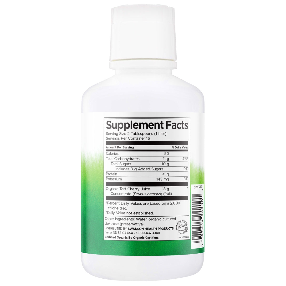 SWF210 | Back label with Supplement Facts for organic tart cherry juice concentrate
