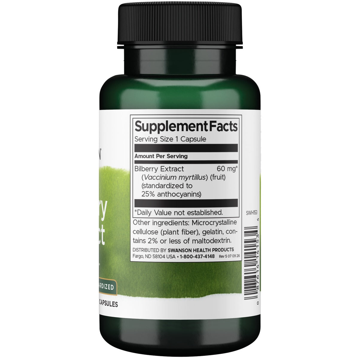 SWH153 | Back of bilberry extract supplement bottle showing Supplement Facts with Bilberry Extract 60 mg and ingredients
