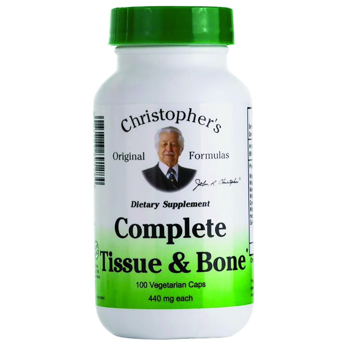 DCR051 | White bottle of Christopher's Complete Tissue & Bone dietary supplement with green cap and label