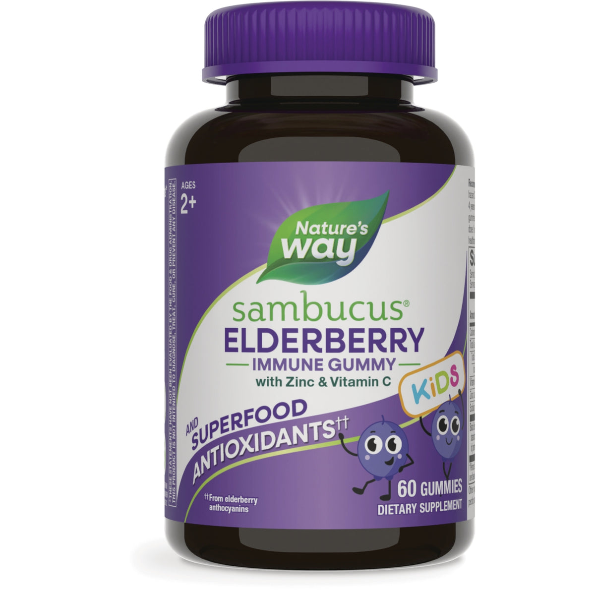 NW1079 | Nature's Way Sambucus Elderberry Immune Gummy with Zinc & Vitamin C Kids gummy bottle with purple label with Superfood Antioxidants and 60 Gummies visible