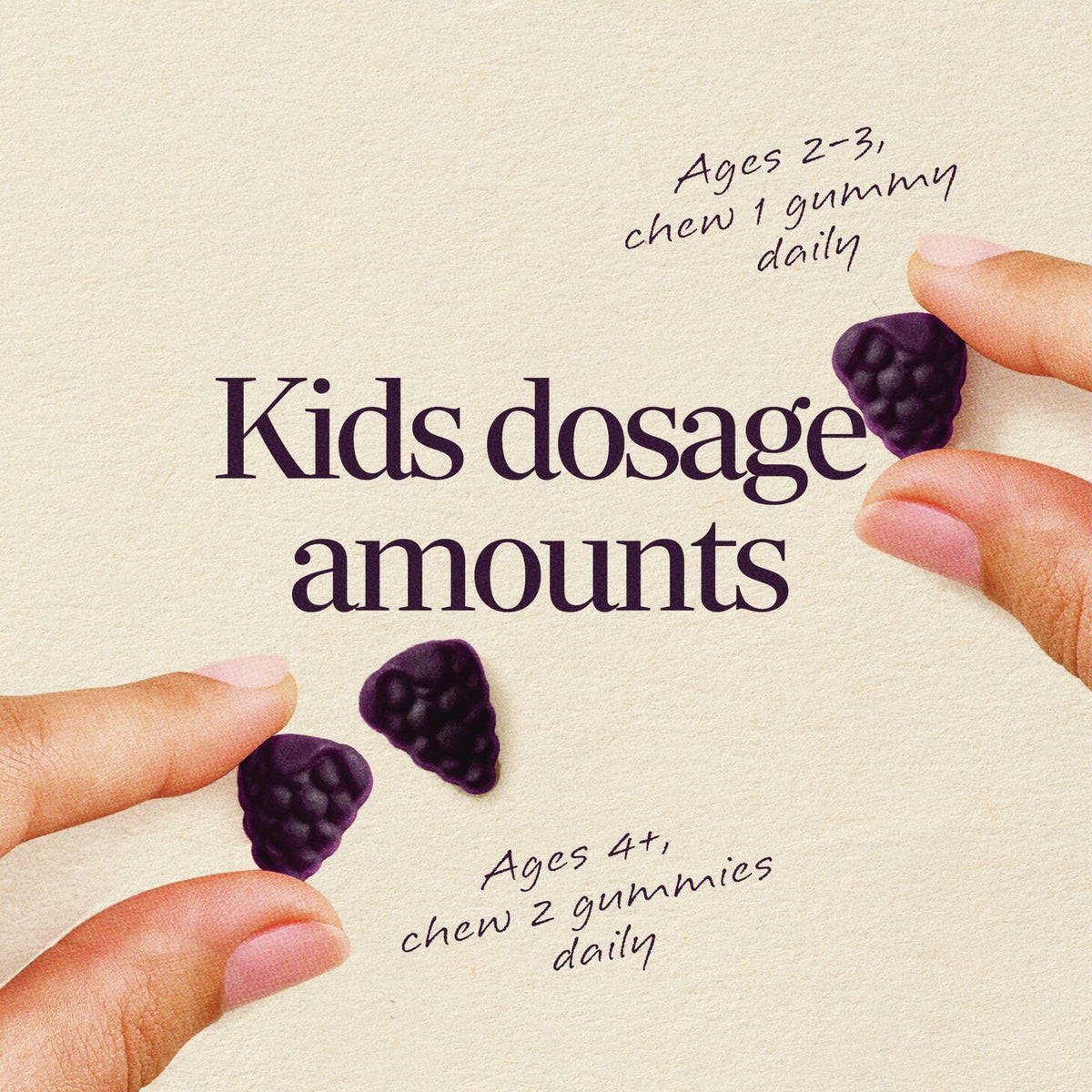 NW1079 | Product infographic titled Kids dosage amounts with images of fingers holding purple shaped gummies